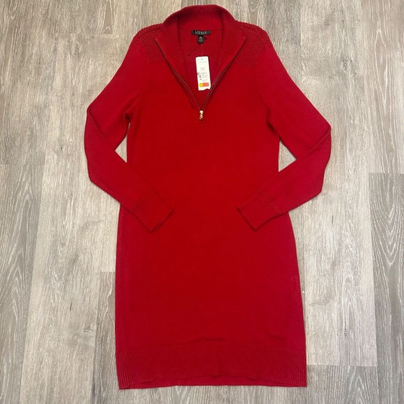 Lauren Ralph Lauren Red Knit Quarter Zip Long Sleeve Dress Size L - Picture 3 of 6